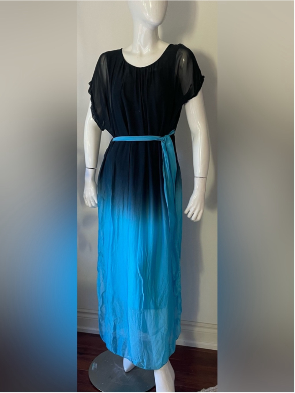 Made in Italy Silk Viscose Ombré Maxi Dress Sheer Overlay Lagenlook OS - Picture 3 of 11